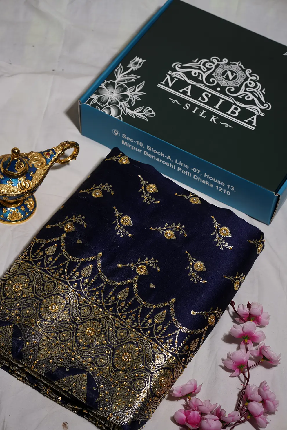 Deep Navy Blue Pure Maharashtra Saree with Hand Jharkan Stone Work